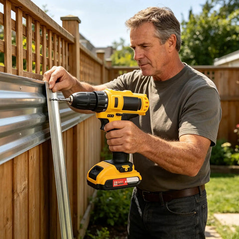 Man using Straight Up Heavy Duty Cordless Drill And Driver Featuring High Torque Motor And Hassle Free Quick Chuck on fence.