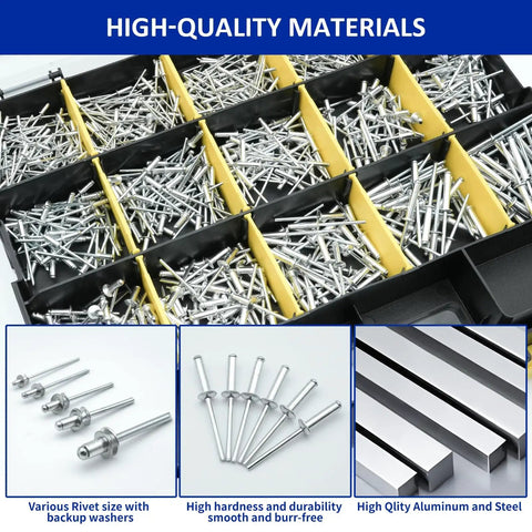 1699 Piece Aluminum Steel Pop Rivets And Washers Kit With Double Sided Storage Box 25 Sizes From 3/32 Inch To 1/4 Inch DIY Friendly