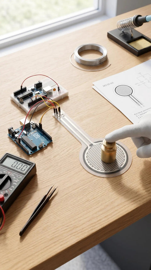 Heavy Duty Force Sensing Resistor With A No Stress Setup For 0 To 30 Kilograms Of Pressure Mapping and Snappy Analog Response On The 30 Mm Round Pad being tested with a weight on a workspace.