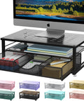Ergonomic Computer Monitor Stand Riser With Drawers And Tray, black, holds an iMac, includes compartments for office supplies.