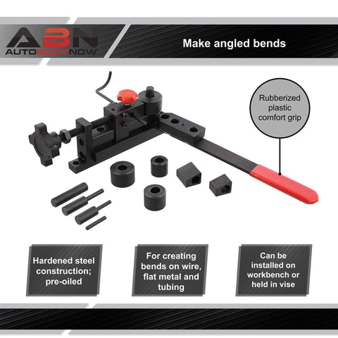 Mini Rod Bender Tool For Metalwork Universal Bending Machine with accessories, featuring red rubberized grip handle on a workbench.
