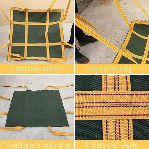 Heavy Duty Canvas Cargo Net For Pallet Lifting with trapezoidal pocket and tough nylon sling, green and yellow, 150x150 cm