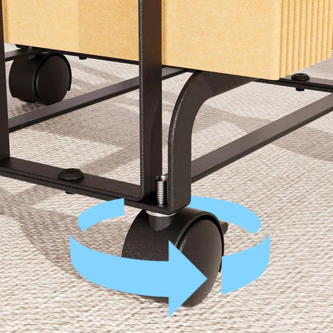 Close-up of slick gliding casters on Game Changer Mobile Storage Cart And Roll Right Through Box Holder Rack.