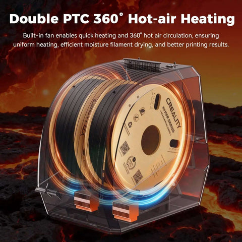 Space Pi Filament Dryer Plus with two 1 kg rolls showing double 360-degree hot-air heating for efficient PLA drying