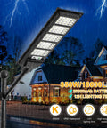 High Power Solar Street Light With Remote, 350W 400 LED Flood Light, mounted in rainy night, illuminating houses, IP66 waterproof.