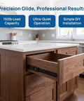 Super Heavy Duty Soft Close Bottom Mount Drawer Slides For Kitchen Cabinets And Bedroom Drawers And Bathroom Vanities That Glide Pretty Sweet And Support Real Heavy Loads in a kitchen with open wooden drawer.