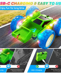 Epic 360 Degree Flip RC Car All Terrain 4WD Stunt Toy With USB C Charge showing modular battery and LED lights