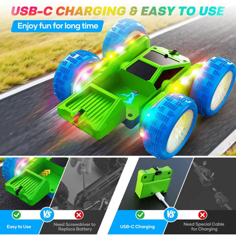 Epic 360 Degree Flip RC Car All Terrain 4WD Stunt Toy With USB C Charge showing modular battery and LED lights