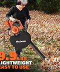 Person using Cordless Leaf Blower Vacuum Mulcher 3 In 1 With Bag 40V Power 170 MPH Air 360 CFM on lawn with fallen leaves