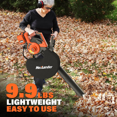 Person using Cordless Leaf Blower Vacuum Mulcher 3 In 1 With Bag 40V Power 170 MPH Air 360 CFM on lawn with fallen leaves