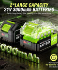 Two 21V 3000mAh batteries for 21V Cordless Tiller Cultivator with high capacity and long runtime features.