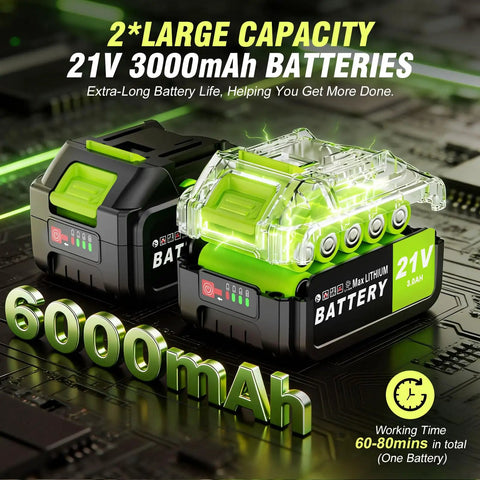 Two 21V 3000mAh batteries for 21V Cordless Tiller Cultivator with high capacity and long runtime features.