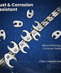 Three Eighths Inch Drive Metric Crowfoot Wrench Set 10 Piece 10 To 22 mm CRV Steel Flare Nut Design showing mirror-polished chrome-plated wrenches