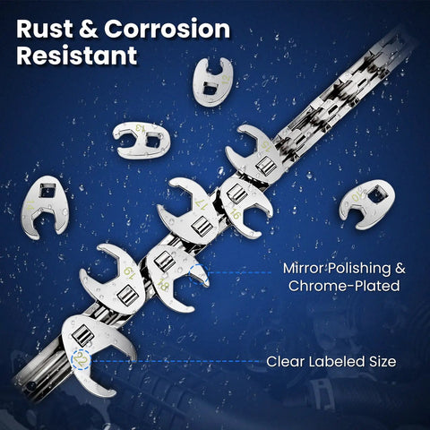 Three Eighths Inch Drive Metric Crowfoot Wrench Set 10 Piece 10 To 22 mm CRV Steel Flare Nut Design showing mirror-polished chrome-plated wrenches