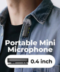 Person wearing portable mini microphone, part of the 4 Transmitter Wireless Lavalier Microphone System With Charging Case For iPhone iPad Android And Cameras 48kHz 24Bit Audio Intelligent Noise Cancellation Clean Vocals For Video Recording And Vlogging.