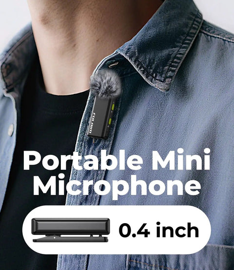 Person wearing portable mini microphone, part of the 4 Transmitter Wireless Lavalier Microphone System With Charging Case For iPhone iPad Android And Cameras 48kHz 24Bit Audio Intelligent Noise Cancellation Clean Vocals For Video Recording And Vlogging.