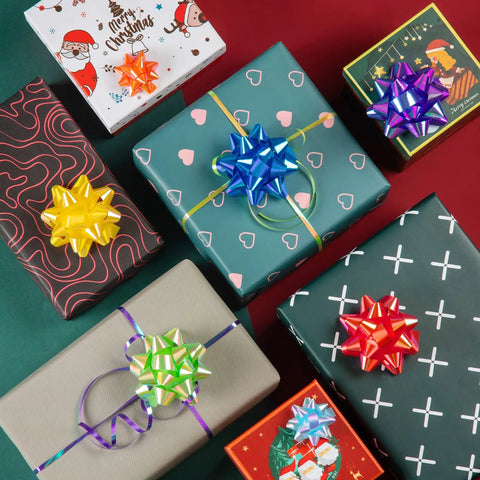 100 Pcs Bright Bows And Ribbon Assortment Set For Gift Wrapping With 80 Self Adhesive Bows And 20 Curling Ribbon Rolls In 10 Colors, Ideal For Christmas Hanukkah Birthdays Weddings Bridal And Baby Showers on wrapped gifts