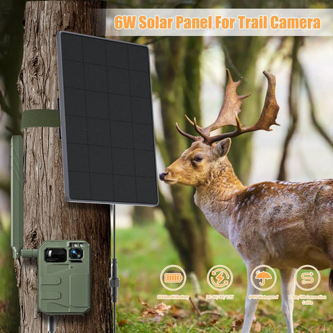 Rugged Trail Camera Solar Panel And 6W Solar Charger Kit for hunting cameras attached to tree near deer, outdoor setting