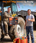 Man holding 12000 PSI Cordless Electric Grease Gun Kit beside a tractor with gift box and confetti celebration