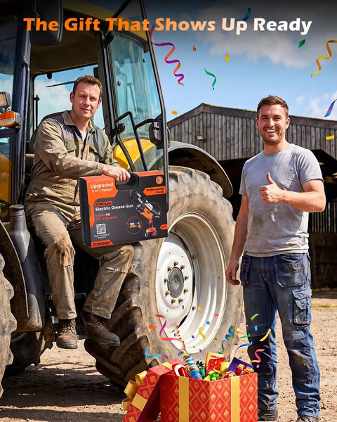 Man holding 12000 PSI Cordless Electric Grease Gun Kit beside a tractor with gift box and confetti celebration