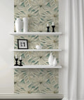 Smooth Vibes Peel And Stick Wallpaper Roll With Self Adhesive Contact Paper For Modern Home Decor Delivers Beige Green Vinyl Wall Covering on wall with shelves.