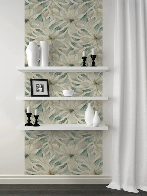 Smooth Vibes Peel And Stick Wallpaper Roll With Self Adhesive Contact Paper For Modern Home Decor Delivers Beige Green Vinyl Wall Covering on wall with shelves.