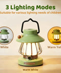 Rechargeable Kid Friendly Lantern Night Light With Dimmable 3 Color LEDs showing three lighting modes on a table.
