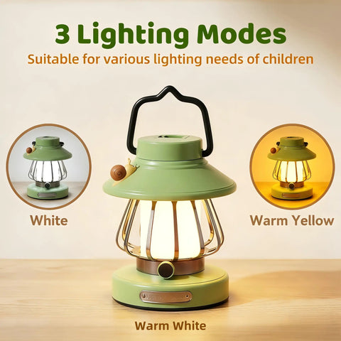 Rechargeable Kid Friendly Lantern Night Light With Dimmable 3 Color LEDs showing three lighting modes on a table.