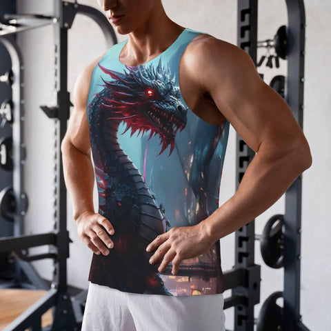 Men S Mechanical Dragon Graphic Tank Top Hella Lightweight Quick Dry Athletic Sleeveless Muscle Shirt Super Airflow Polyester Gym Workout Tee worn by a male in a gym.