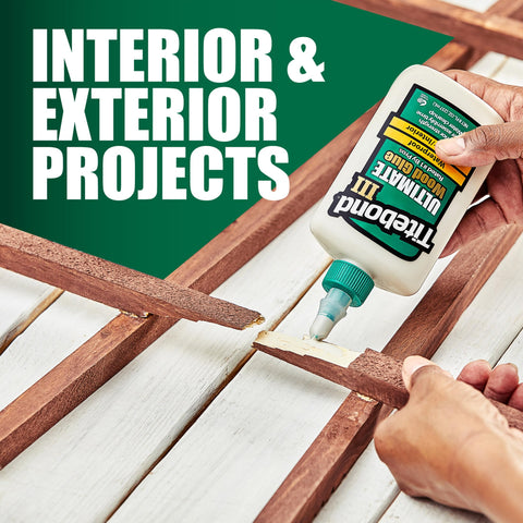 Person applying Titebond III Wood Glue 4 Oz Tan for Projects and Repairs to wooden slats with text 'Interior & Exterior Projects'