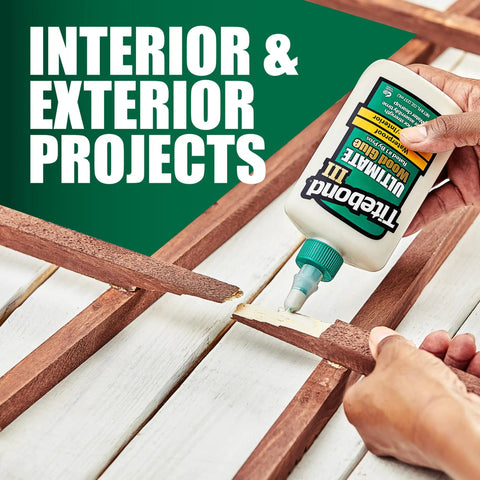 Close-up of Hella Waterproof Wood Glue for Heavy Duty Interior And Exterior Carpentry Projects applied between wooden planks.
