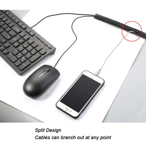 Twenty Five Foot One Inch Braided Cable Management Sleeve Self Wrapping Split Wire Loom Cord Protector organizing cables on desk