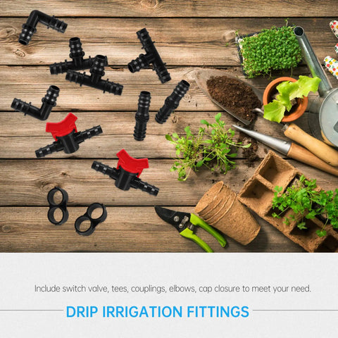 42 Pcs All In One Drip Irrigation Fittings Kit With Switch Valves Tees Elbows End Caps Plugs for garden use