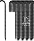 12 Inch Rebar J Hook Ground Stakes 16 Pack Heavy Duty Galvanized Fence Stakes lined up showing J-hook design and sharp tips.