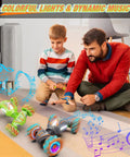 Parent and child playing with 4WD Gesture Sensing RC Car for kids, showing colorful lights and music on a living room carpet.
