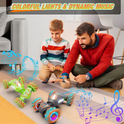 Parent and child playing with 4WD Gesture Sensing RC Car for kids, showing colorful lights and music on a living room carpet.
