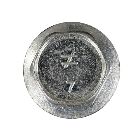 Top view of Heavy Duty Concrete Screw Anchor Five Eighth Inch By Four Inch Hex Washer Head Zinc Plated Titen HD showing hex head detail.