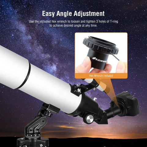 Easy angle adjustment with 1.25 Inch T-Adapter and T Ring for Pentax K SLR DSLR using hex wrench, telescope attachment.