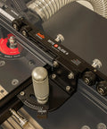 Miter Slide II Precision Miter Slot Accessory with dual aluminum tracks on router table for woodworking, featuring heavy duty locking handle.