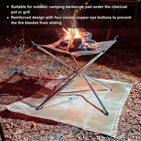 Outdoor camping fire pit on 0.43 inch thick glass fiber fireproof blanket, handles 500C heat; Fire Pit Mat For Bonfire And Grillin Sessions.