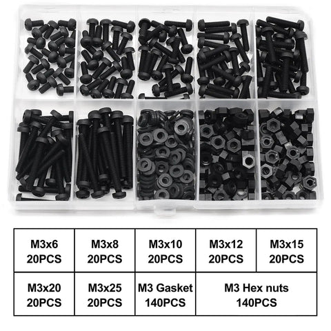 M3 Black Nylon Screw And Bolt Assortment Featuring Pan And Round Heads Heavy Duty Plastic Fasteners Zero Sweat Labeled Storage Tray with assorted bolts and nuts