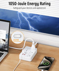 Heavy Hitter Power Strip Surge Protector With Six Wide Spread Outlet Plugs And Four Fast Charge USB Ports Including Dual Type C Inputs connected to a laptop.