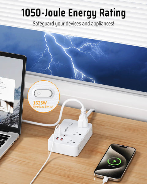 Heavy Hitter Power Strip Surge Protector With Six Wide Spread Outlet Plugs And Four Fast Charge USB Ports Including Dual Type C Inputs connected to a laptop.