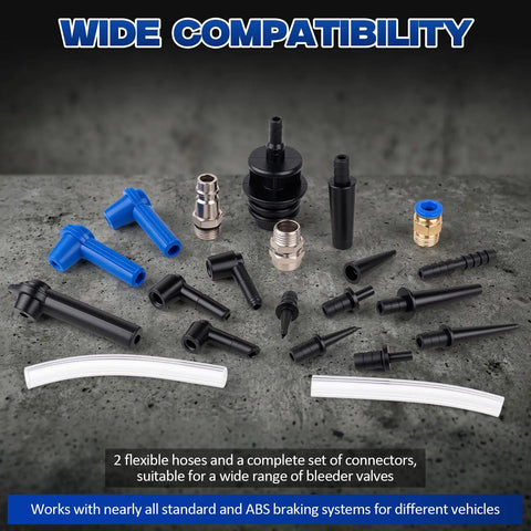Various fittings and connectors from the Pneumatic Brake Bleeder Kit With 3L Suction Can, 1L Refill Bottle And 22 Universal Fittings.