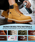 Shoe Protector Spray Waterproof Formula Builds Invisible Shield For Sneakers And Boots Against Rain Slush Mud And Coffee To Keep Your Kicks Looking Legit All Year Long, application on yellow boots.