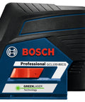 Pro Level 12V Green Beam Cross Line Laser With 100 Foot Reach and Smart Visimax Tech, Bosch Professional GCL100-80CG front view.