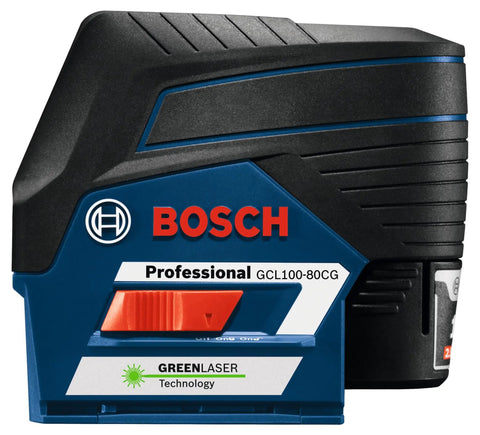 Pro Level 12V Green Beam Cross Line Laser With 100 Foot Reach and Smart Visimax Tech, Bosch Professional GCL100-80CG front view.