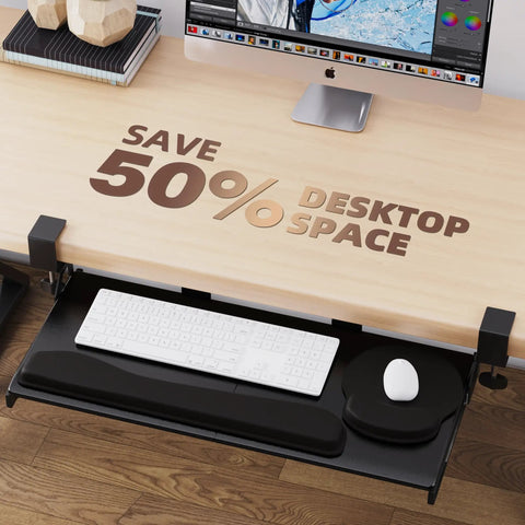 Under Desk Keyboard Tray 25 Inch With Wrist Rest Mouse Pad Cup Mat lightweight slide out for ergonomic desk setup