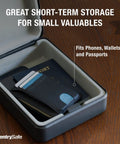 Compact Portable Mini Safe With Key Lock For Office Or Dorm Stash Cash Keys Passports And Small Valuables Perfect For Campus Coffee Shops And Desk Security showing interior storage with wallet and passport inside