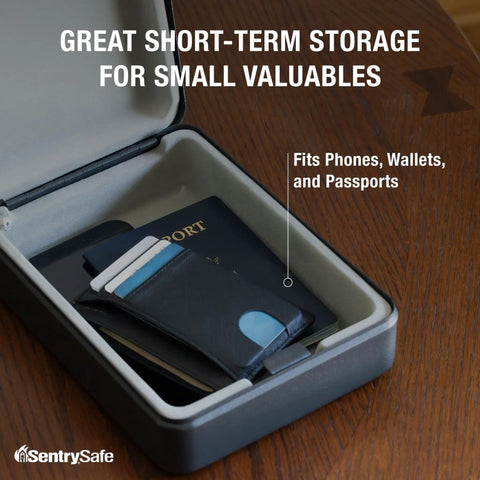 Compact Portable Mini Safe With Key Lock For Office Or Dorm Stash Cash Keys Passports And Small Valuables Perfect For Campus Coffee Shops And Desk Security showing interior storage with wallet and passport inside